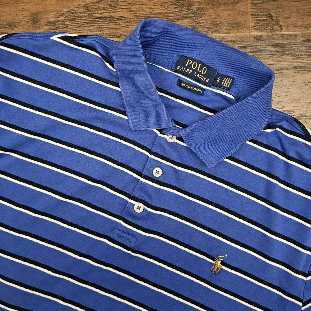 Polo Ralph Lauren Mens Large Blue‎ White Stripe Custom Slim Fit Polo Flesh Pony